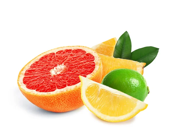 Set of different juicy citrus fruits on white background — Stock Photo, Image