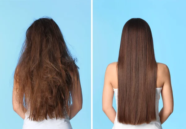 Woman before and after hair treatment on color background