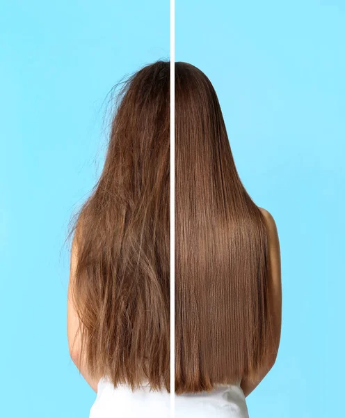 Mulher antes e depois do tratamento do cabelo no fundo da cor — Fotografia de Stock