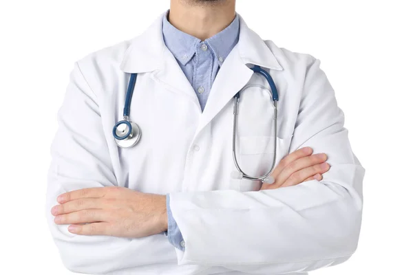 Joven estudiante de medicina en uniforme sobre fondo blanco — Foto de Stock