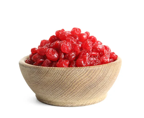 Skål med läckra körsbär på vit bakgrund. Torkade frukter som hälsosam mat — Stockfoto