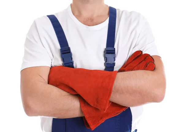 Ouvrier industriel masculin en uniforme sur fond blanc, gros plan. Équipement de sécurité — Photo