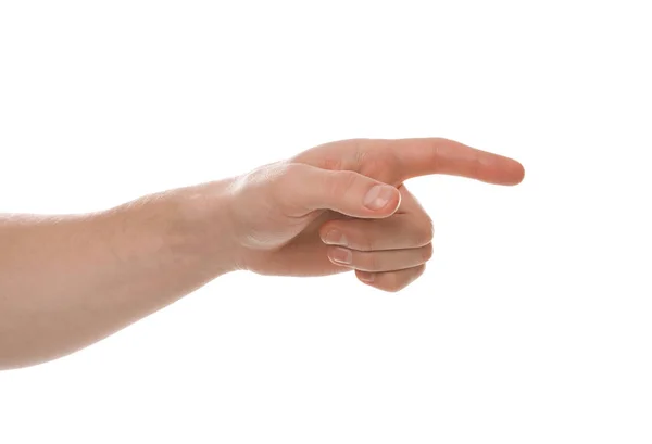 Man pointing at something on white background, closeup of hand — Stock Photo, Image