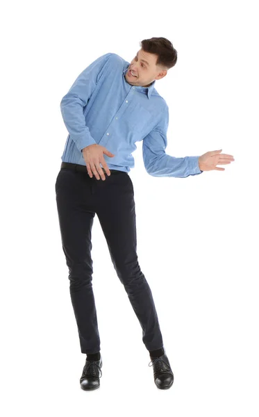 Emocional hombre en la oficina de desgaste posando sobre fondo blanco — Foto de Stock