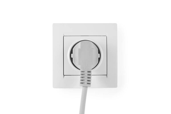 Power socket and plug on white background. Electrician's equipment