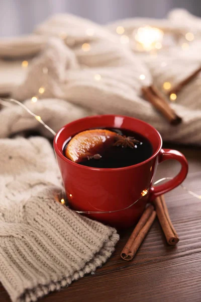 Beautiful composition with cup of mulled wine on table. Space for text — Stock Photo, Image