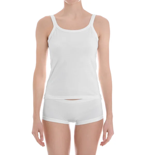 Junge schlanke Frau auf weißem Hintergrund, Nahaufnahme. Gewichtsverlust — Stockfoto