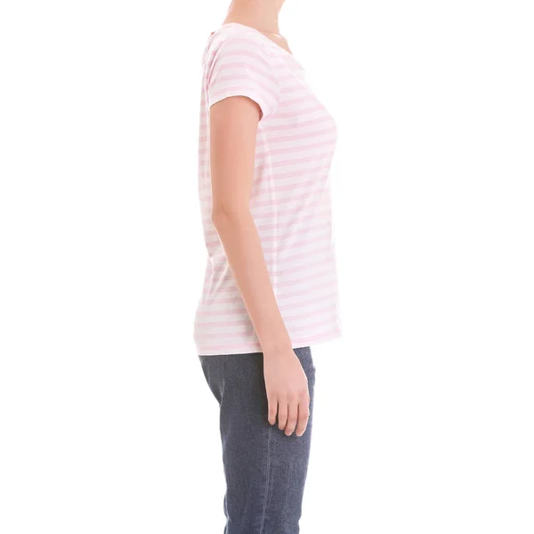 Young slim woman on white background, closeup. Weight loss — Stock Photo, Image