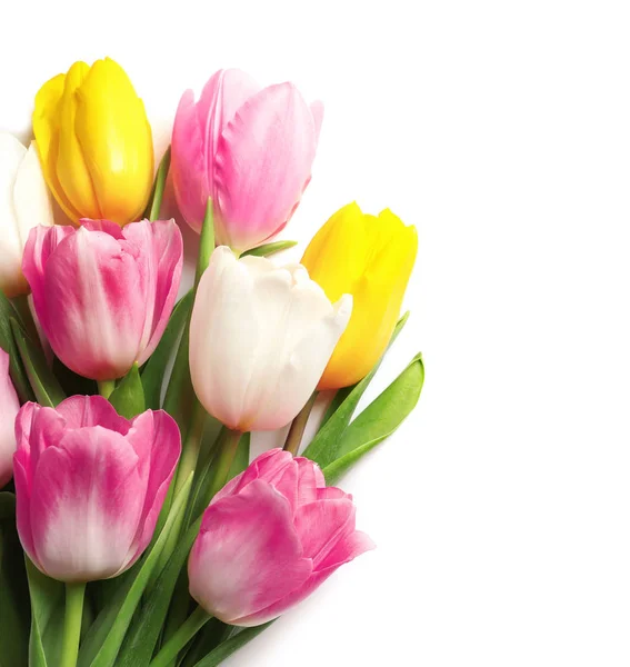 Lindas tulipas de primavera no fundo branco, vista superior. Dia Internacional da Mulher — Fotografia de Stock
