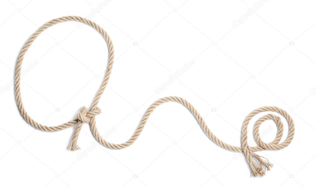 Lasso made of cotton rope on white background, top view