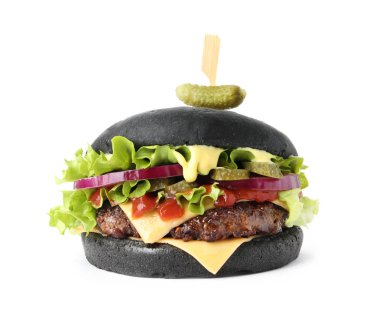 Beyaz izole lezzetli alışılmadık siyah burger
