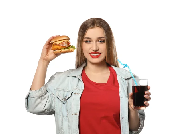 Mujer bonita con sabrosa hamburguesa y cola aislada en blanco —  Fotos de Stock