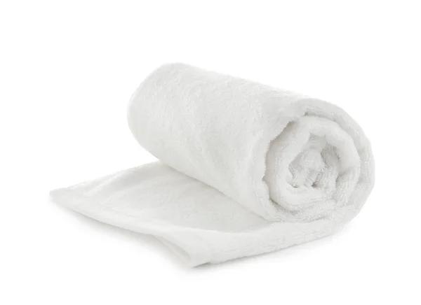 Gerolltes weiches Frottee-Handtuch auf weißem Hintergrund — Stockfoto