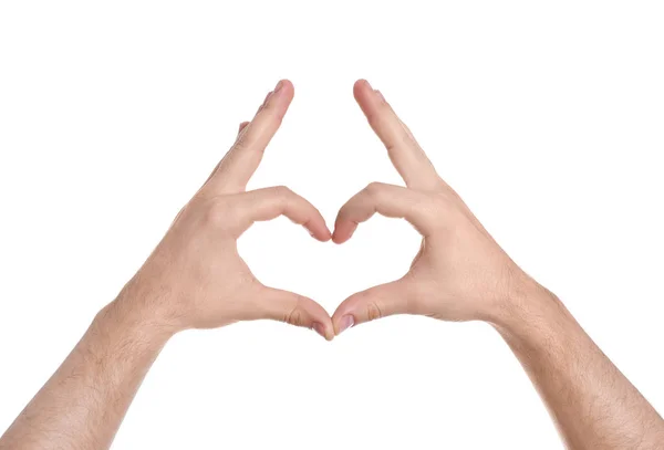 Hombre haciendo corazón con sus manos sobre fondo blanco, primer plano —  Fotos de Stock