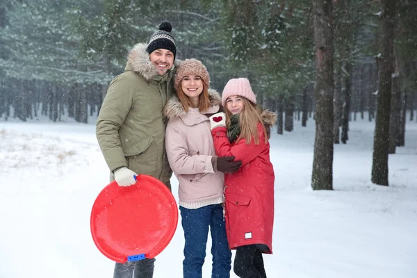 Mutlu aile içinde orman kar günü — Stok fotoğraf