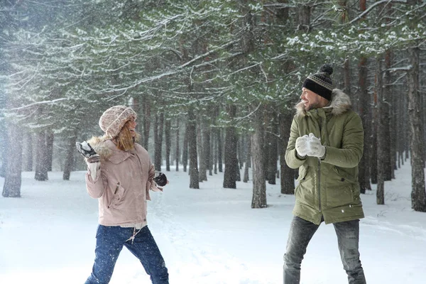 Счастливая пара играет в снежки в зимнем лесу — стоковое фото