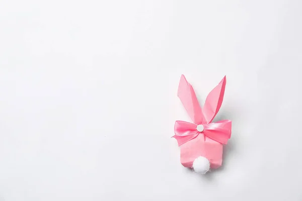 Creative Easter bunny gift bag on white background, top view — Stock Photo, Image