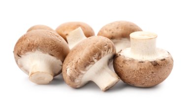 Beyaz arka planda taze çiğ şampiyon mantarları