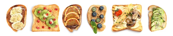 Set of delicious toasts with chia seeds and different toppings on white background, top view — Stock Photo, Image