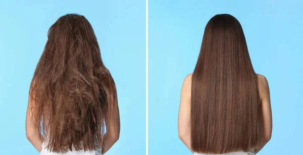 Woman before and after hair treatment on color background