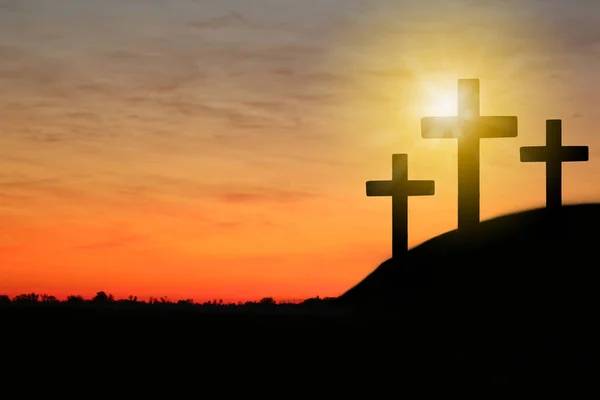 Silhouette of crosses on hill at sunset, space for text. Easter holiday — Stock Photo, Image