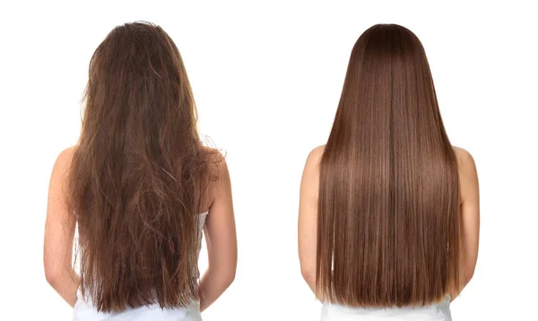 Mulher antes e depois do tratamento do cabelo no fundo branco — Fotografia de Stock