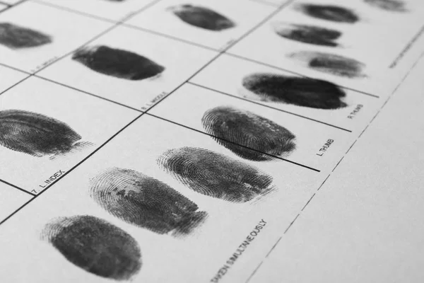Forma della polizia con impronte digitali, primo piano. Esame forense — Foto Stock
