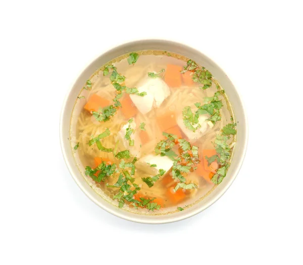 Tigela com sopa de frango caseiro fresco no fundo branco, vista superior — Fotografia de Stock