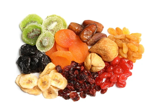 Different dried fruits on white background, top view. Healthy lifestyle — Stock Photo, Image