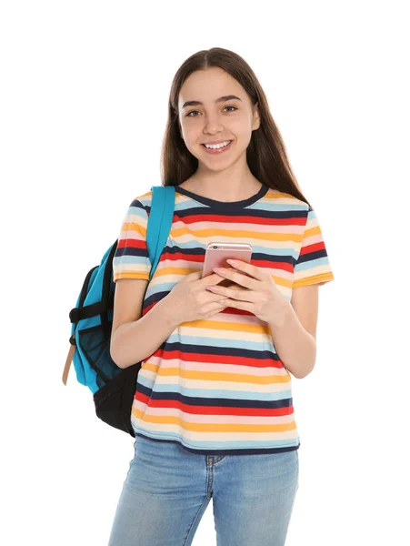 Όμορφη έφηβος κορίτσι με κινητό τηλέφωνο σε λευκό φόντο — Φωτογραφία Αρχείου