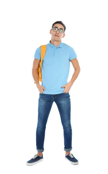 Asiático adolescente menino em roupas casuais no fundo branco — Fotografia de Stock