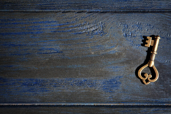 Old vintage key on wooden background, top view with space for text