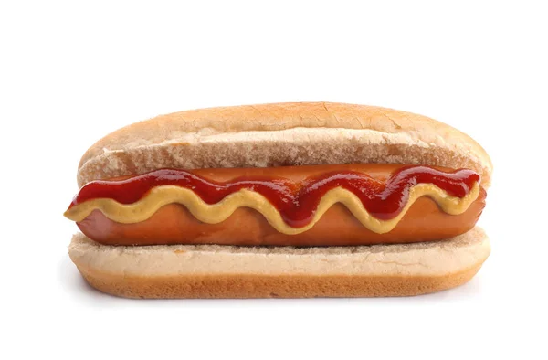 Cachorro quente saboroso no fundo branco. Comida americana como símbolo dos EUA — Fotografia de Stock