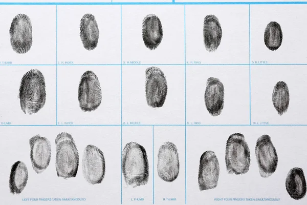 Fingerprint record sheet, top view. Criminal investigation — Stock Photo, Image