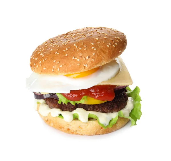 Tasty burger with fried egg on white background — Stock Photo, Image