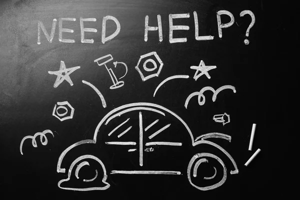 깨진된 자동차와 문구의 그리기 "필요 도움?" 칠판에 — 스톡 사진