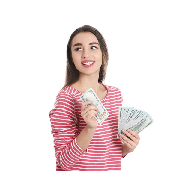 Retrato de una joven feliz con dinero sobre fondo blanco — Foto de Stock