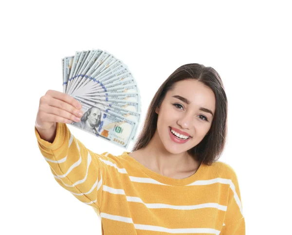Porträt einer glücklichen jungen Frau mit Geld auf weißem Hintergrund — Stockfoto