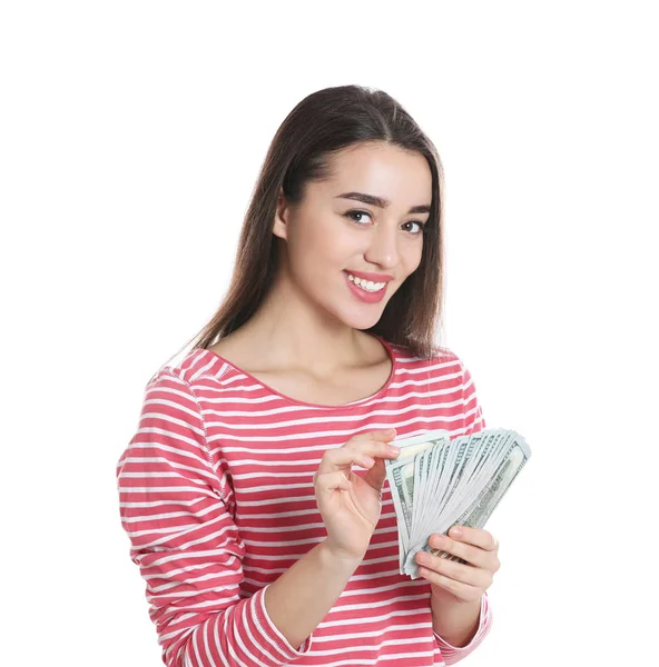 Retrato de jovem feliz com dinheiro no fundo branco — Fotografia de Stock