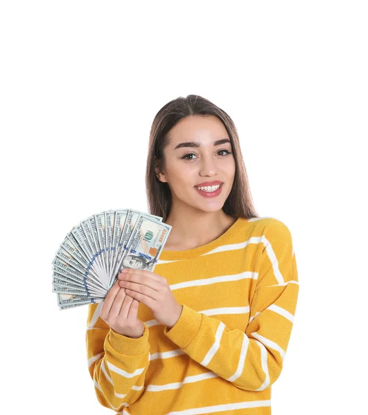 Porträt einer glücklichen jungen Frau mit Geld auf weißem Hintergrund — Stockfoto