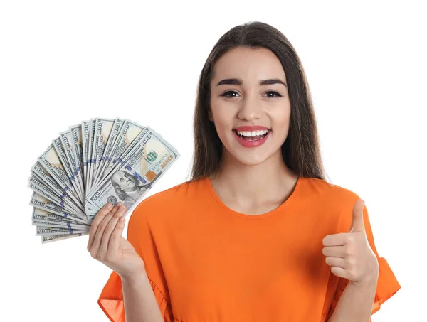 Porträt einer glücklichen jungen Frau mit Geld auf weißem Hintergrund — Stockfoto