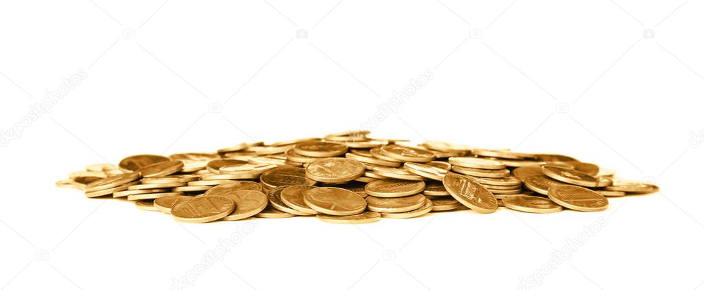 Pile of shiny coins on white background
