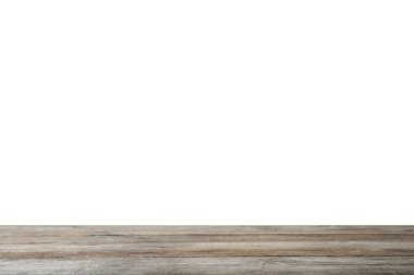 Beyaz arka plan boş ahşap yüzey. Mockup tasarım için