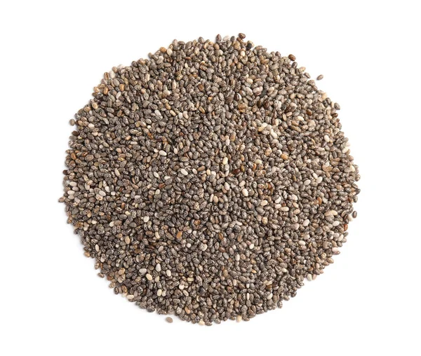 Pilha de sementes de chia isoladas em branco, vista superior — Fotografia de Stock