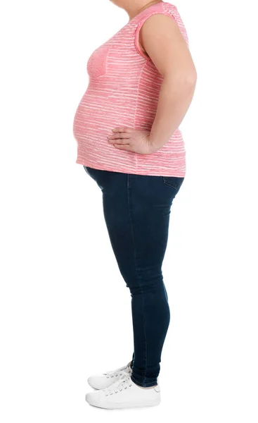 Надмірна вага жінки на білому тлі, крупним планом. Втрата ваги — стокове фото