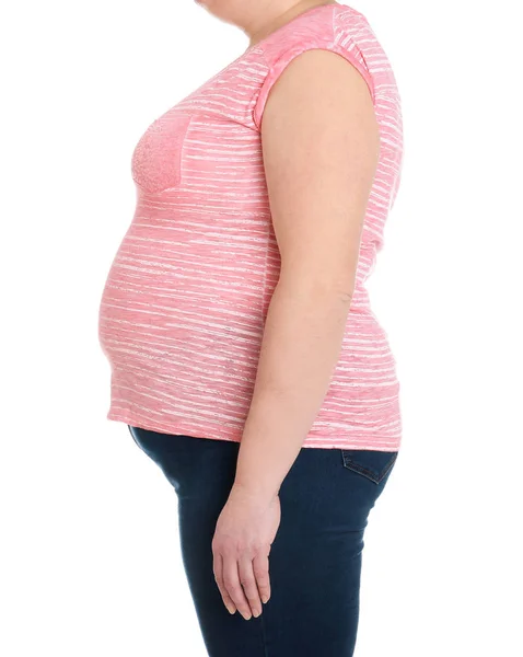 Overweight woman on white background, closeup. Weight loss — Stock Photo, Image