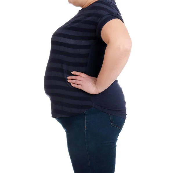 Übergewichtige Frau auf weißem Hintergrund, Nahaufnahme. Gewichtsverlust — Stockfoto