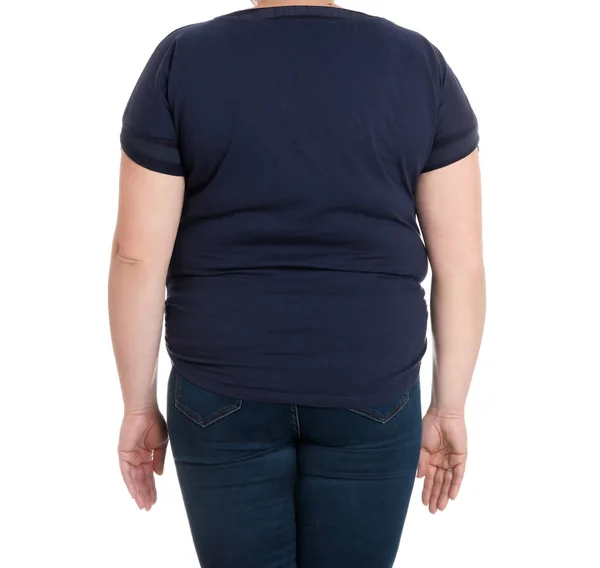 Overweight woman on white background, closeup. Weight loss Stock Photo