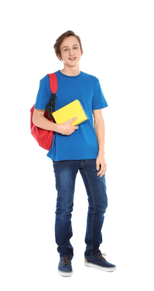 Guapo adolescente chico con libros sobre fondo blanco —  Fotos de Stock