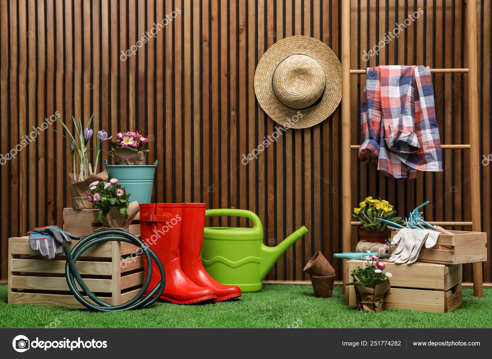 Composition With Different Gardening Tools On Artificial